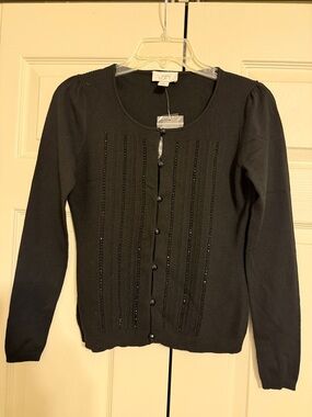 LOFT Black Button-Front Knit Cardigan with Textured Paneling